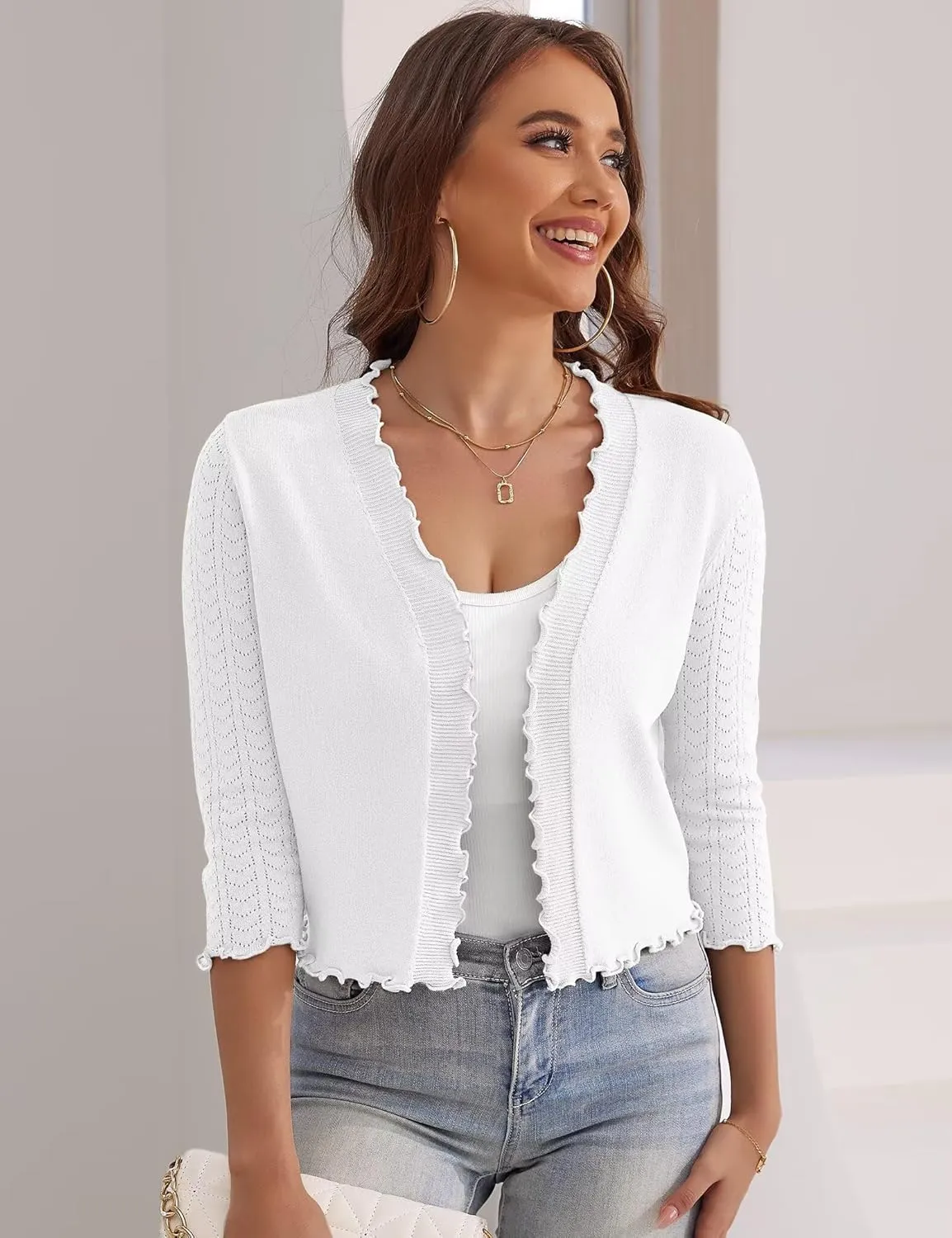 Women's 3/4 Sleeve Cropped Cardigan Open Front Bolero Shrugs Sweater S-XL