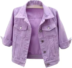 Womens 3/4 Sleeve Short Denim Jacket Plus Size, Basic Lapel Button Down Cropped Casual Jean Jackets Trucker Coats