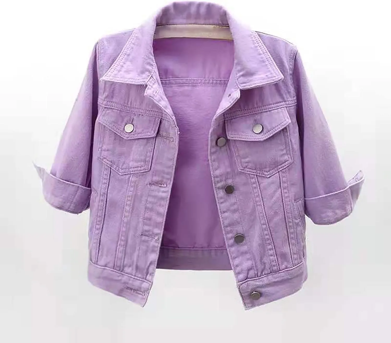 Womens 3/4 Sleeve Short Denim Jacket Plus Size, Basic Lapel Button Down Cropped Casual Jean Jackets Trucker Coats
