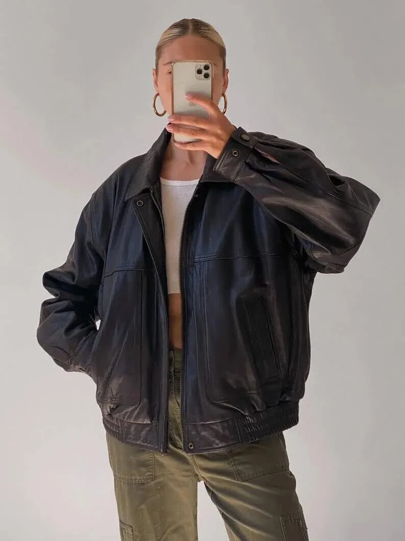 Women's Black Oversized Leather Bomber Jacket | 90's Retro Vintage Leather Jacket