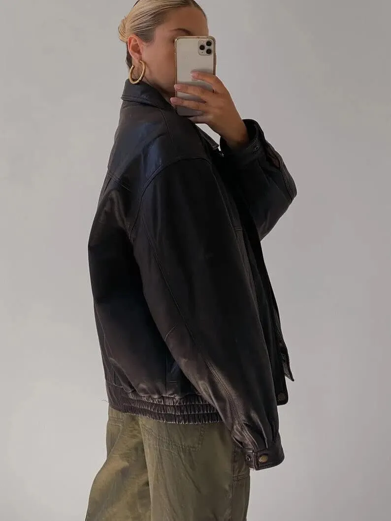 Women's Black Oversized Leather Bomber Jacket | 90's Retro Vintage Leather Jacket