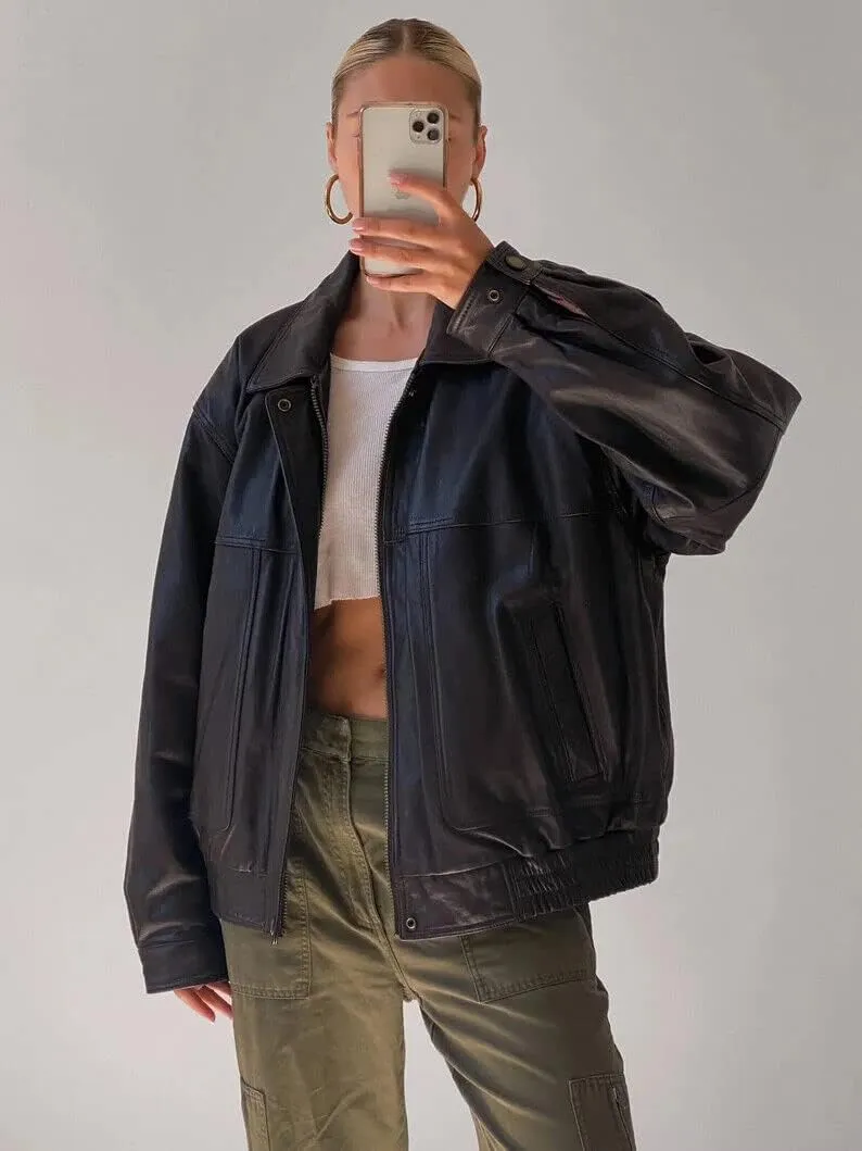 Women's Black Oversized Leather Bomber Jacket | 90's Retro Vintage Leather Jacket