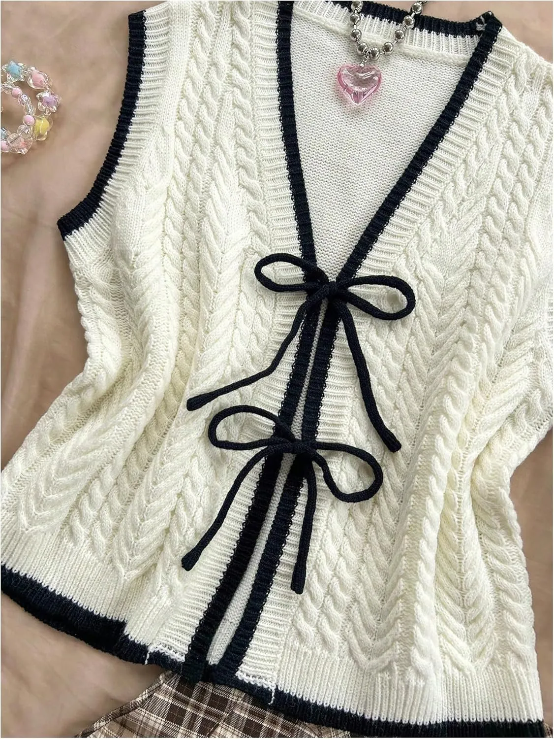 Women's Bow Tie Front Sweater Vest Sleeveless V Neck Cable Knit Vest Tank Tops Contrast Binding Vest Cardigan Sweater