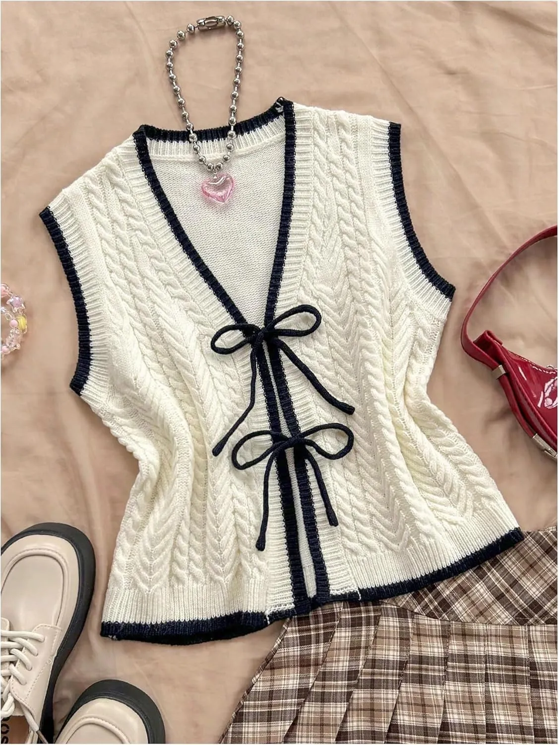 Women's Bow Tie Front Sweater Vest Sleeveless V Neck Cable Knit Vest Tank Tops Contrast Binding Vest Cardigan Sweater