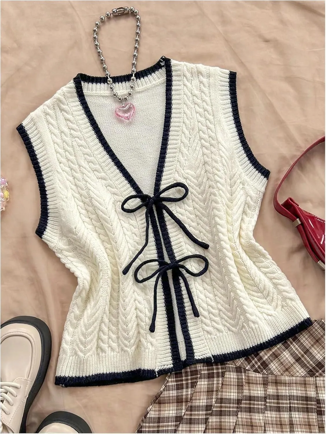 Women's Bow Tie Front Sweater Vest Sleeveless V Neck Cable Knit Vest Tank Tops Contrast Binding Vest Cardigan Sweater