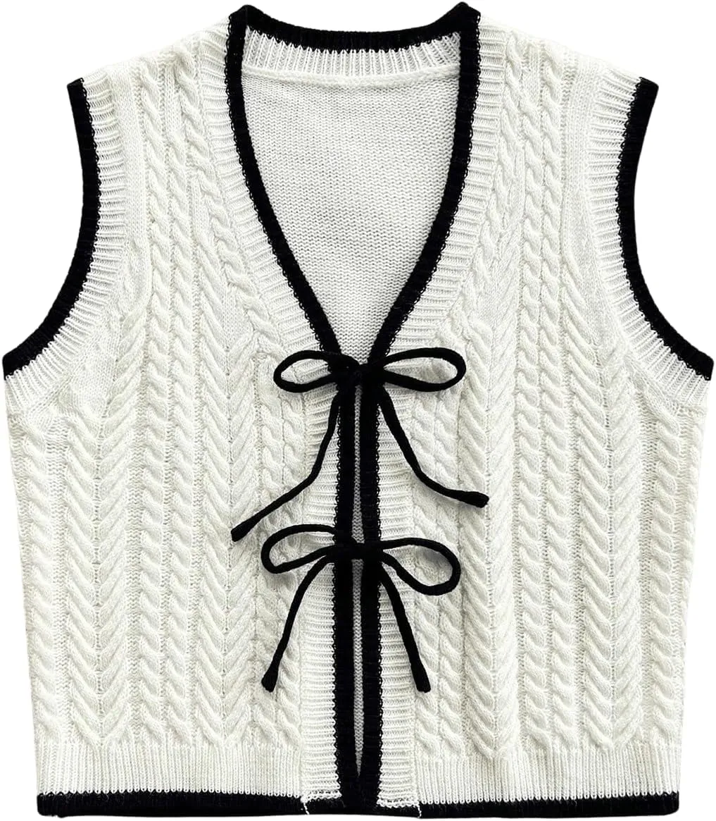 Women's Bow Tie Front Sweater Vest Sleeveless V Neck Cable Knit Vest Tank Tops Contrast Binding Vest Cardigan Sweater