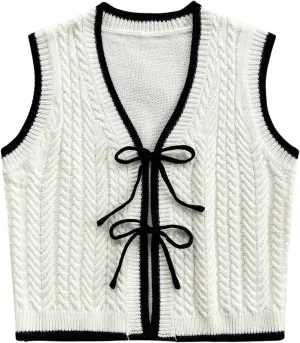Women's Bow Tie Front Sweater Vest Sleeveless V Neck Cable Knit Vest Tank Tops Contrast Binding Vest Cardigan Sweater
