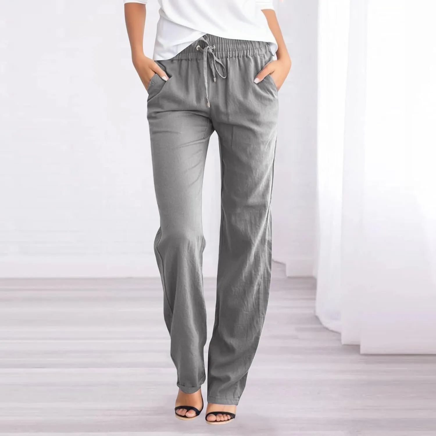 Womens Casual Cotton Linen Pants Lightweight Summer Elastic Waist Drawstring Trousers Loose Fit Solid Lounge Pants