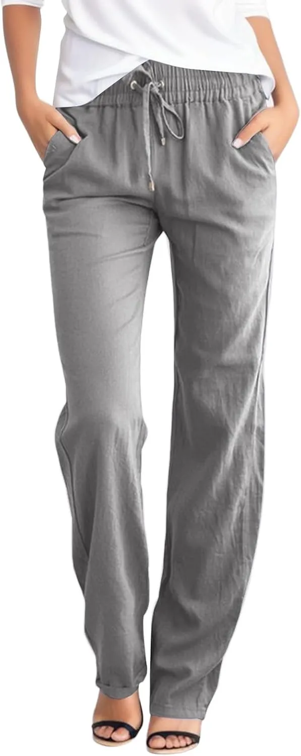Womens Casual Cotton Linen Pants Lightweight Summer Elastic Waist Drawstring Trousers Loose Fit Solid Lounge Pants