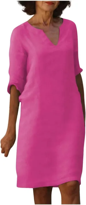 Women's Casual Dresses Summer Vintage Solid Color Print Cotton Linen Dress Fashion Casual V-Neck Half Sleeve Dress