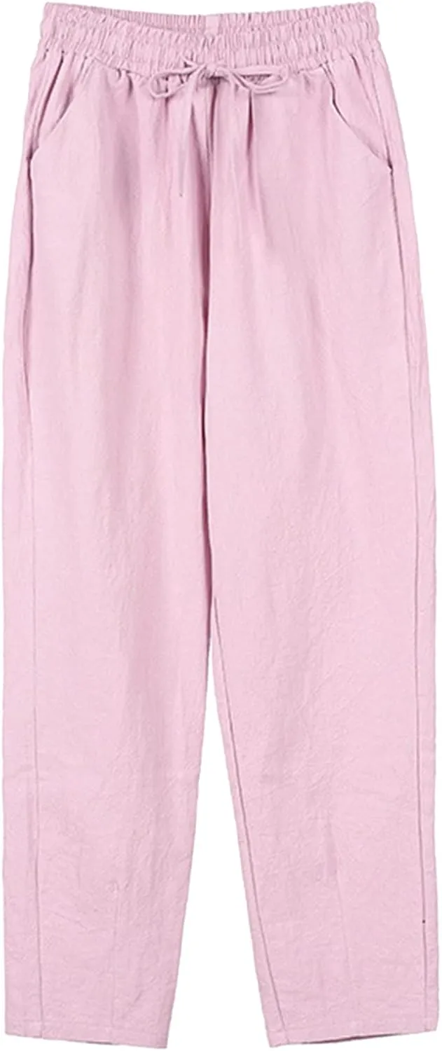 Womens Casual Linen Pants Summer Boho Flowy Pants with Pockets Elastic High Waisted Yoga Pants Lightweight Lounge Trousers