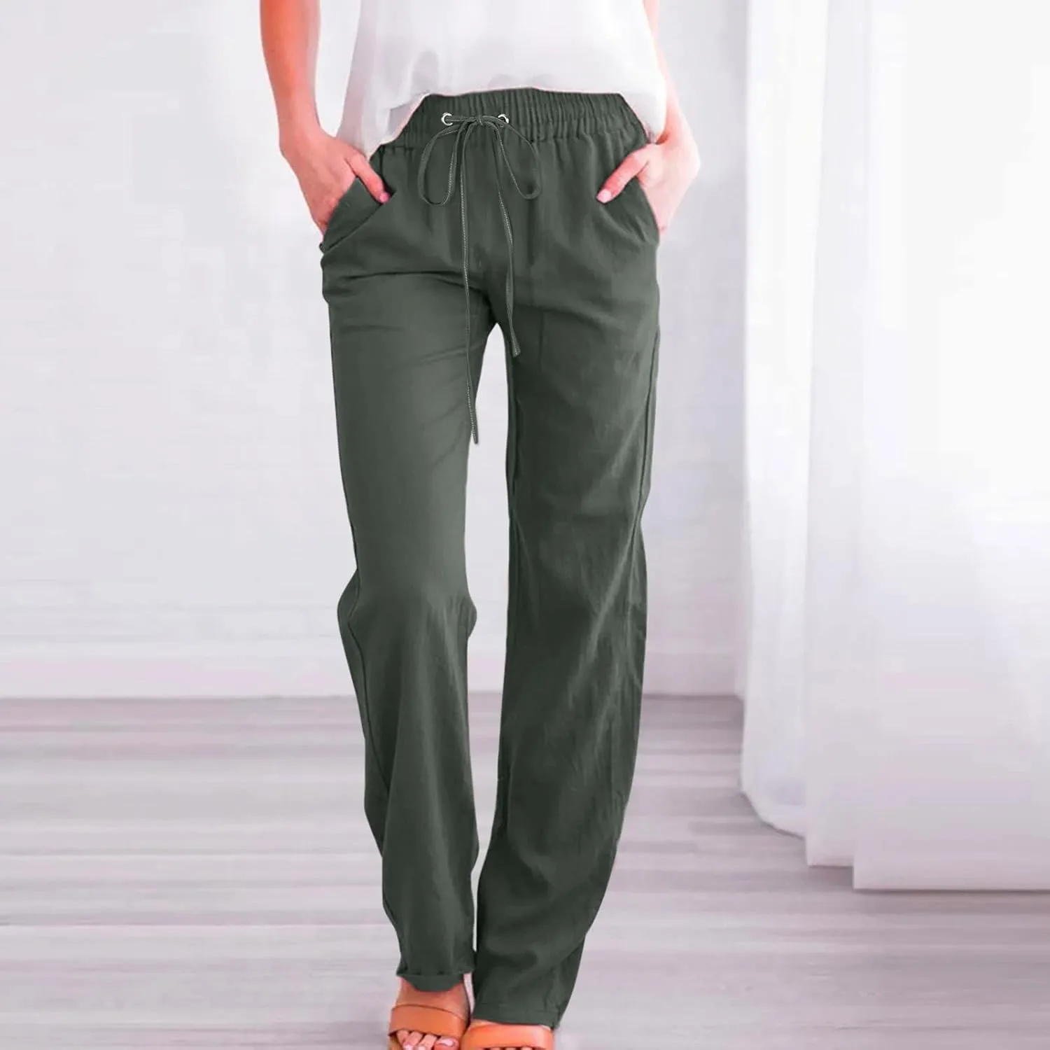 Womens Casual Linen Pants Summer Outfits Boho Drawstring Elastic Waist Trousers Lounge Vacation Clothing