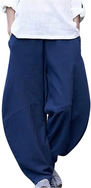 Womens Casual Linen Trouser Elastic Waist Relax Fit Cotton Harem Pant Slouchy Baggy Lantern Pant Spring Summer Slacks