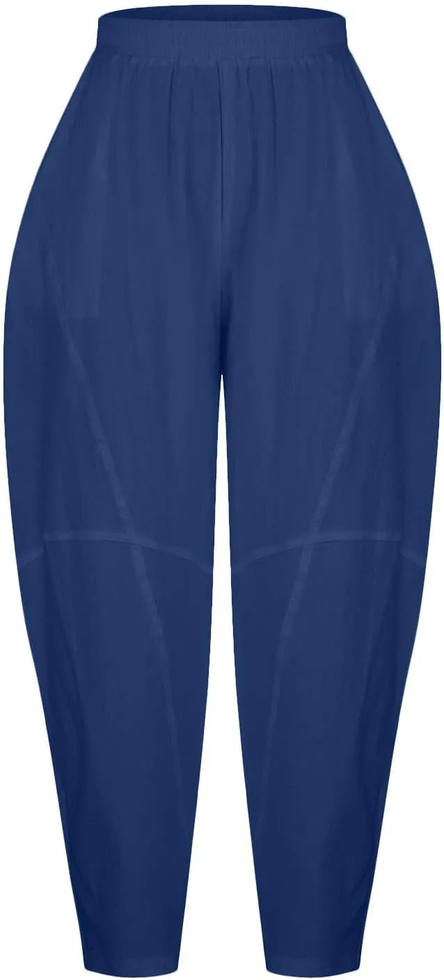 Womens Casual Linen Trouser Elastic Waist Relax Fit Cotton Harem Pant Slouchy Baggy Lantern Pant Spring Summer Slacks