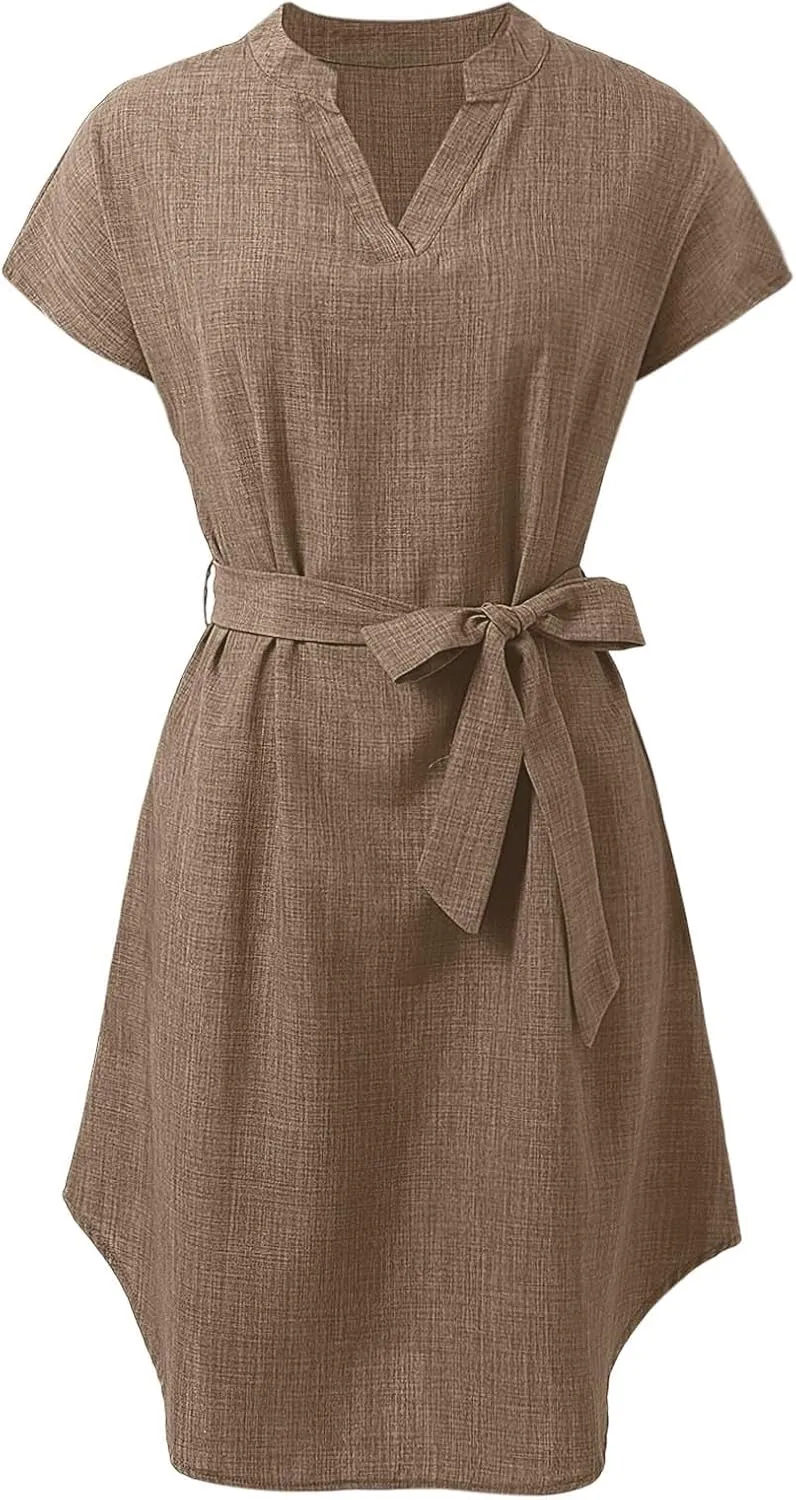 Womens Casual Mini Dresses Solid V Neck Short Sleeve Shirt Belted Dress Irregular Hem Sundress Spring Summer 2025