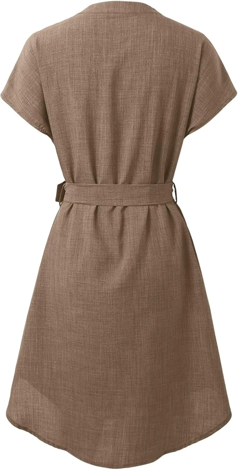 Womens Casual Mini Dresses Solid V Neck Short Sleeve Shirt Belted Dress Irregular Hem Sundress Spring Summer 2025