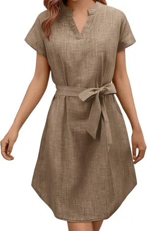 Womens Casual Mini Dresses Solid V Neck Short Sleeve Shirt Belted Dress Irregular Hem Sundress Spring Summer 2025