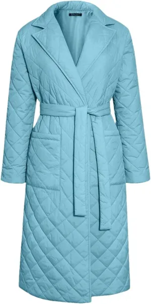 Women's Cotton-Padded Coat Lapel Loose Quilting Sashes Long Sleeve Pockets Parka Jackets Cambridge blue S