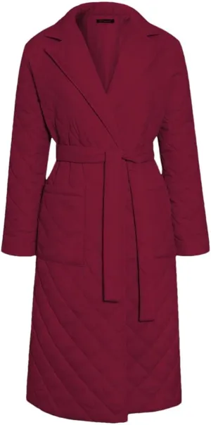Women's Cotton-Padded Coat Lapel Loose Quilting Sashes Long Sleeve Pockets Parka Jackets red L