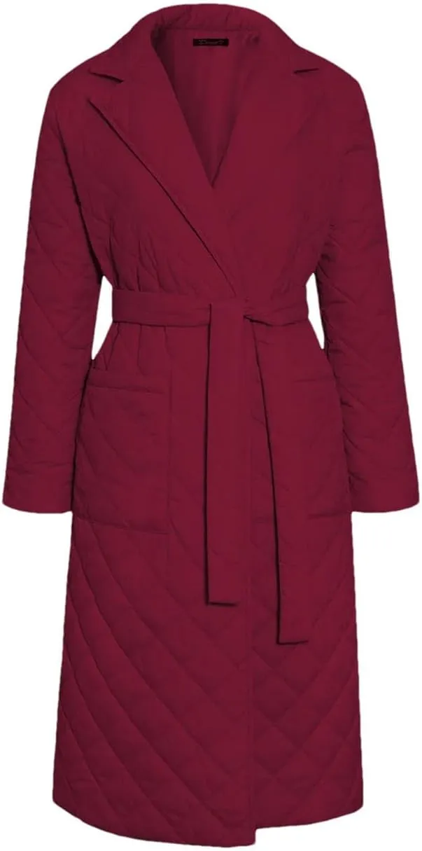 Women's Cotton-Padded Coat Lapel Loose Quilting Sashes Long Sleeve Pockets Parka Jackets red L