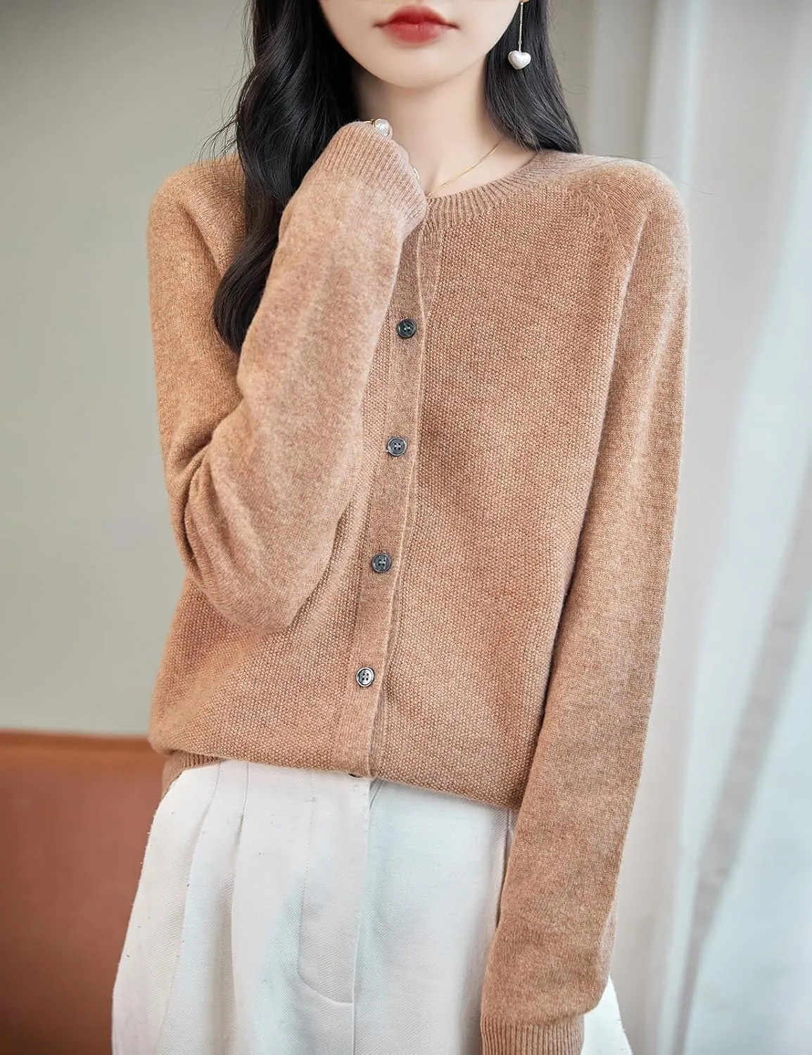 Women's Crewneck 100% Merino Wool Sweater 2025 Spring Fall Solid Long Sleeve Seamless Knitted Cardigan Sweater