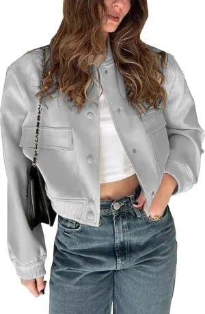 Womens Cropped Bomber Jacket Button Down Varsity Jackets Shackets with Pockets