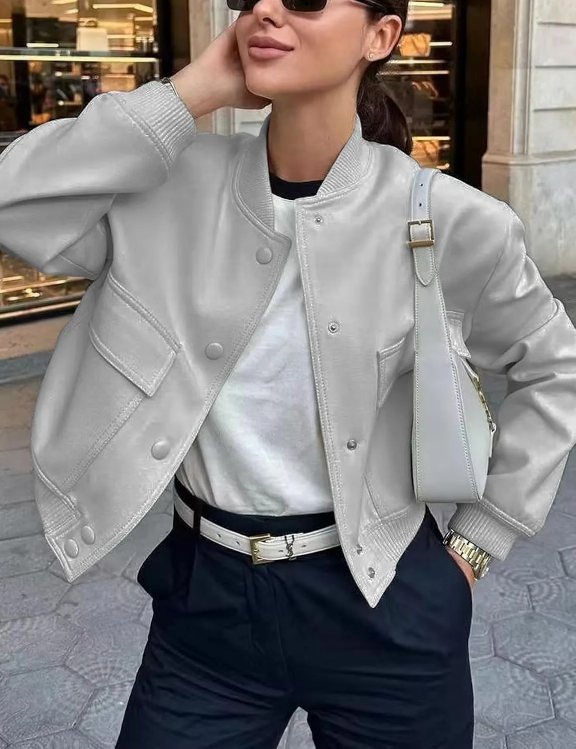 Womens Cropped Bomber Jacket Button Down Varsity Jackets Shackets with Pockets