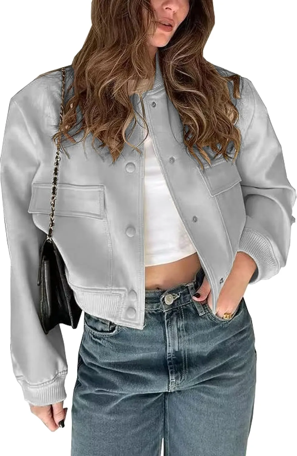 Womens Cropped Bomber Jacket Button Down Varsity Jackets Shackets with Pockets