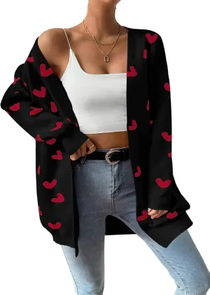 Womens Cute Heart Cardigans Oversized Long Sleeve Open Front Knit Sweaters
