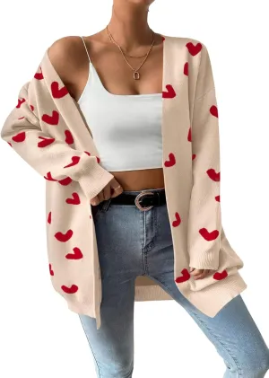 Womens Cute Heart Cardigans Oversized Long Sleeve Open Front Knit Sweaters