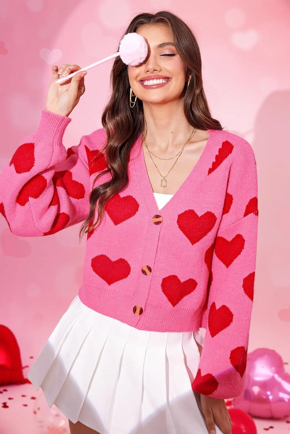 Women's Cute Y2K Cropped Cardigan Long Sleeve Button Down Heart Sweater