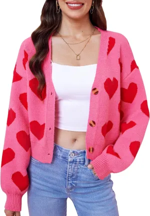 Women's Cute Y2K Cropped Cardigan Long Sleeve Button Down Heart Sweater