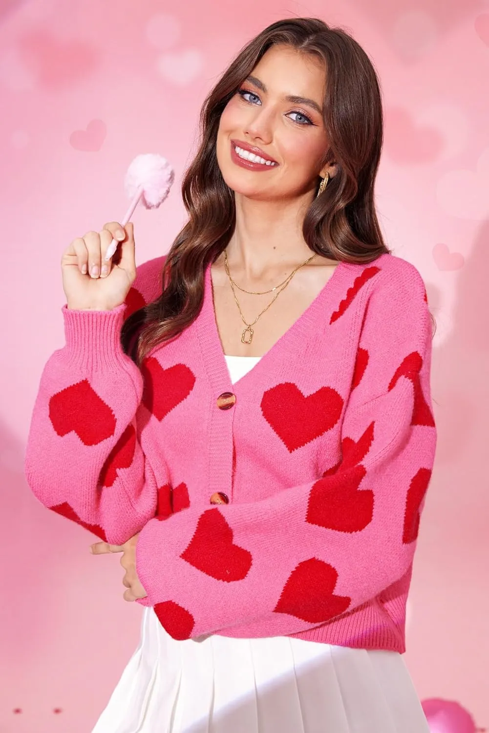 Women's Cute Y2K Cropped Cardigan Long Sleeve Button Down Heart Sweater