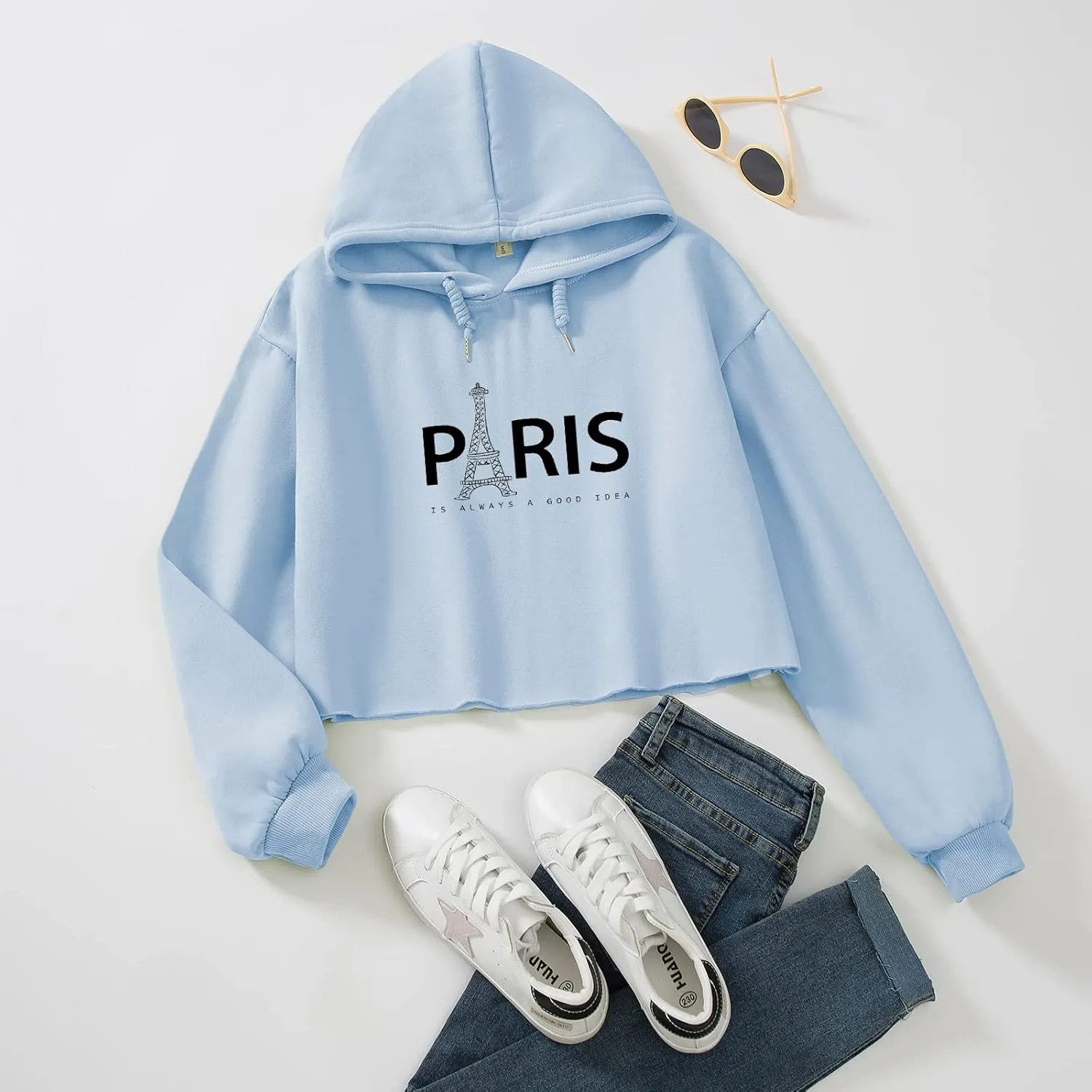 Womens Fashion Crop Sweatshirt Letter Print Hoodies Girls Y2k Cotton Oversized Cropped Pullover Paris Tower Graphic