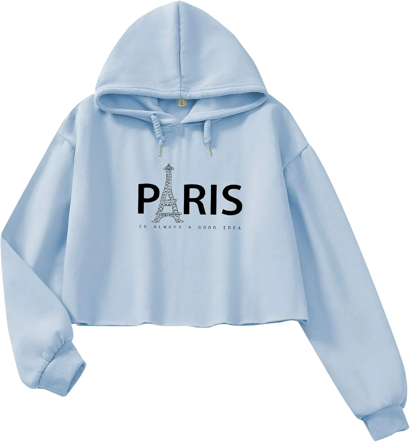 Womens Fashion Crop Sweatshirt Letter Print Hoodies Girls Y2k Cotton Oversized Cropped Pullover Paris Tower Graphic