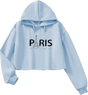 Womens Fashion Crop Sweatshirt Letter Print Hoodies Girls Y2k Cotton Oversized Cropped Pullover Paris Tower Graphic