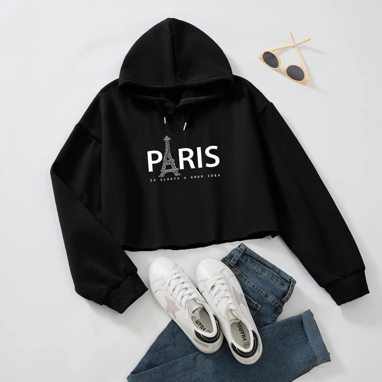 Womens Fashion Crop Sweatshirt Letter Print Hoodies Girls Y2k Cotton Oversized Cropped Pullover Paris Tower Graphic