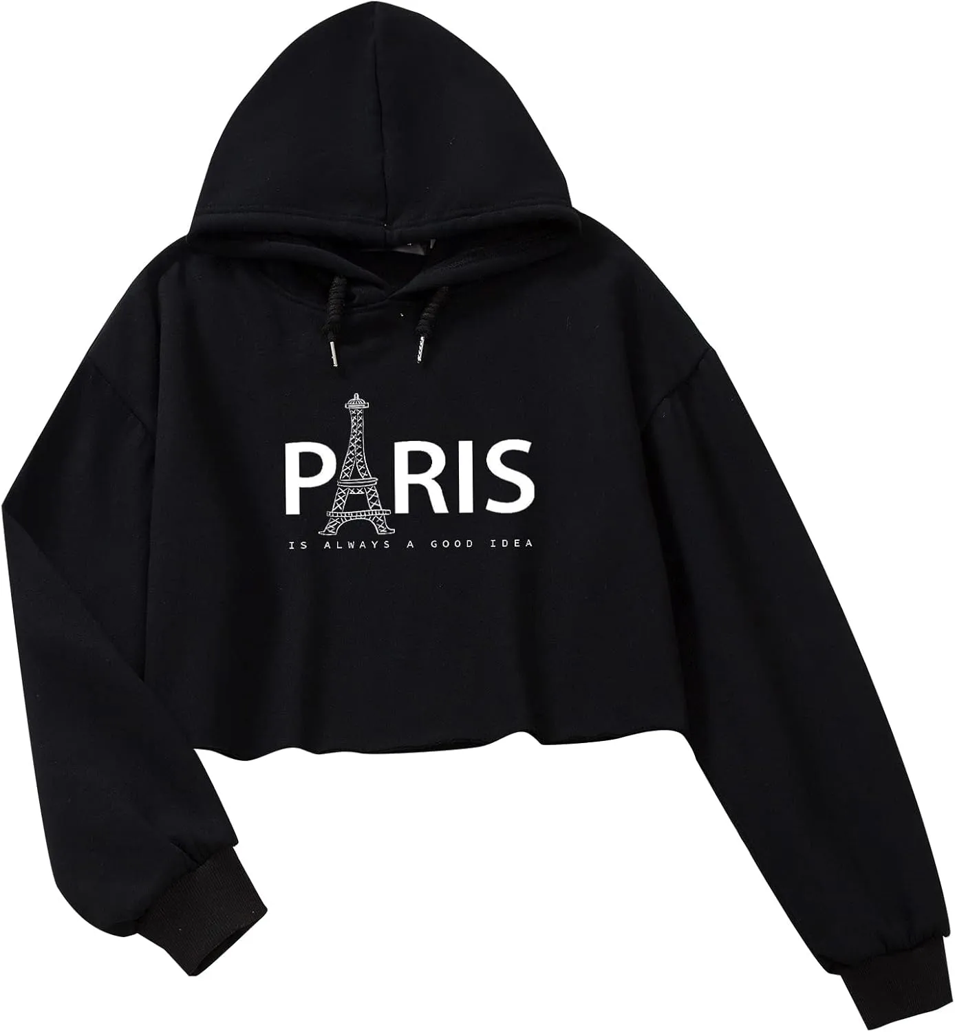 Womens Fashion Crop Sweatshirt Letter Print Hoodies Girls Y2k Cotton Oversized Cropped Pullover Paris Tower Graphic