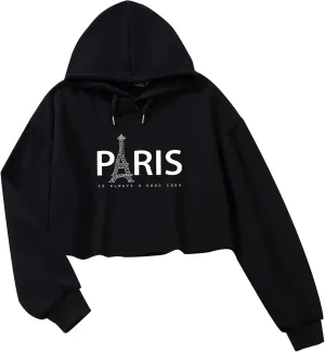 Womens Fashion Crop Sweatshirt Letter Print Hoodies Girls Y2k Cotton Oversized Cropped Pullover Paris Tower Graphic