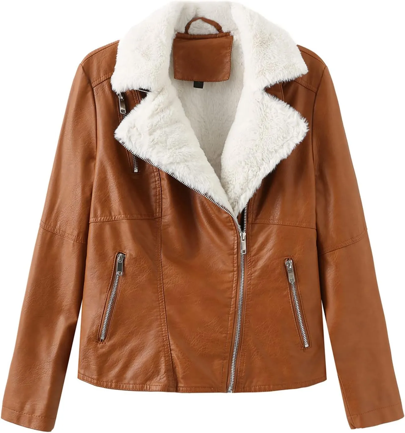 Women's Faux Shearing Moto Jacket Thick Fleece Lined Parka Winter Coat Lapel Sherpa Motorcycle Biker Leather Jacket