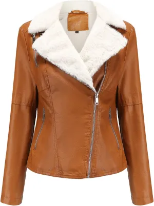 Women's Faux Shearing Moto Jacket Thick Fleece Lined Parka Winter Coat Lapel Sherpa Motorcycle Biker Leather Jacket