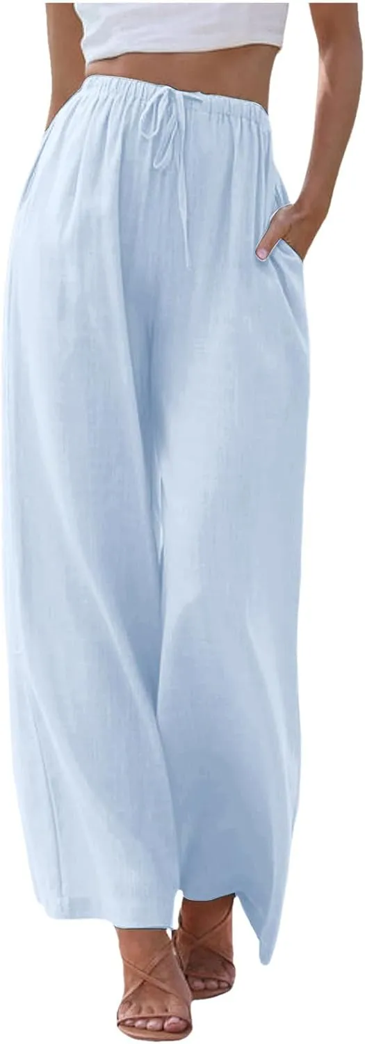 Womens Flowy Cotton Linen Pants Summer Casual Wide Leg Beach Trousers with Pockets Trendy Lightweight Palazzo Pants