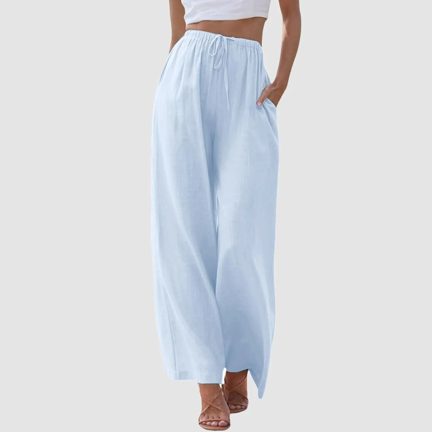 Womens Flowy Cotton Linen Pants Summer Casual Wide Leg Beach Trousers with Pockets Trendy Lightweight Palazzo Pants