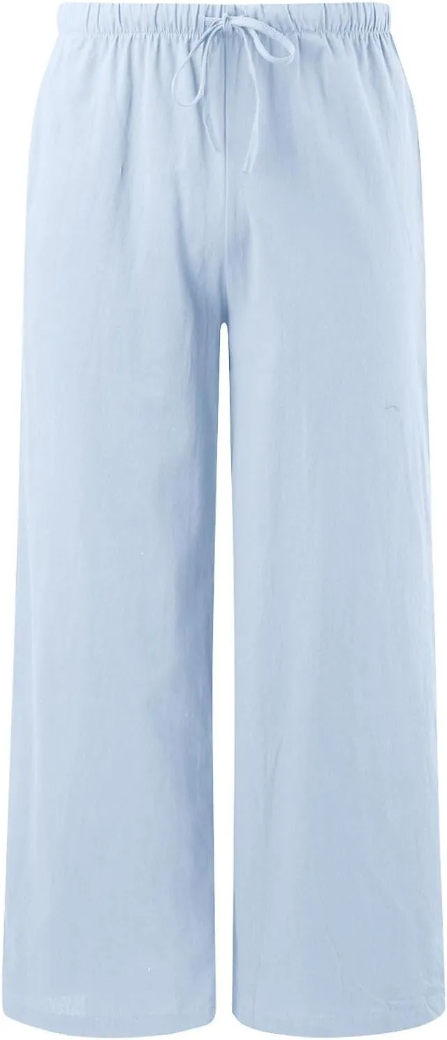 Womens Flowy Cotton Linen Pants Summer Casual Wide Leg Beach Trousers with Pockets Trendy Lightweight Palazzo Pants