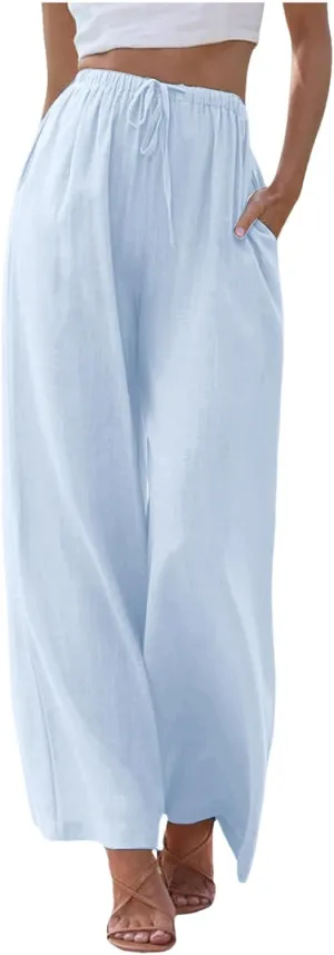 Womens Flowy Cotton Linen Pants Summer Casual Wide Leg Beach Trousers with Pockets Trendy Lightweight Palazzo Pants