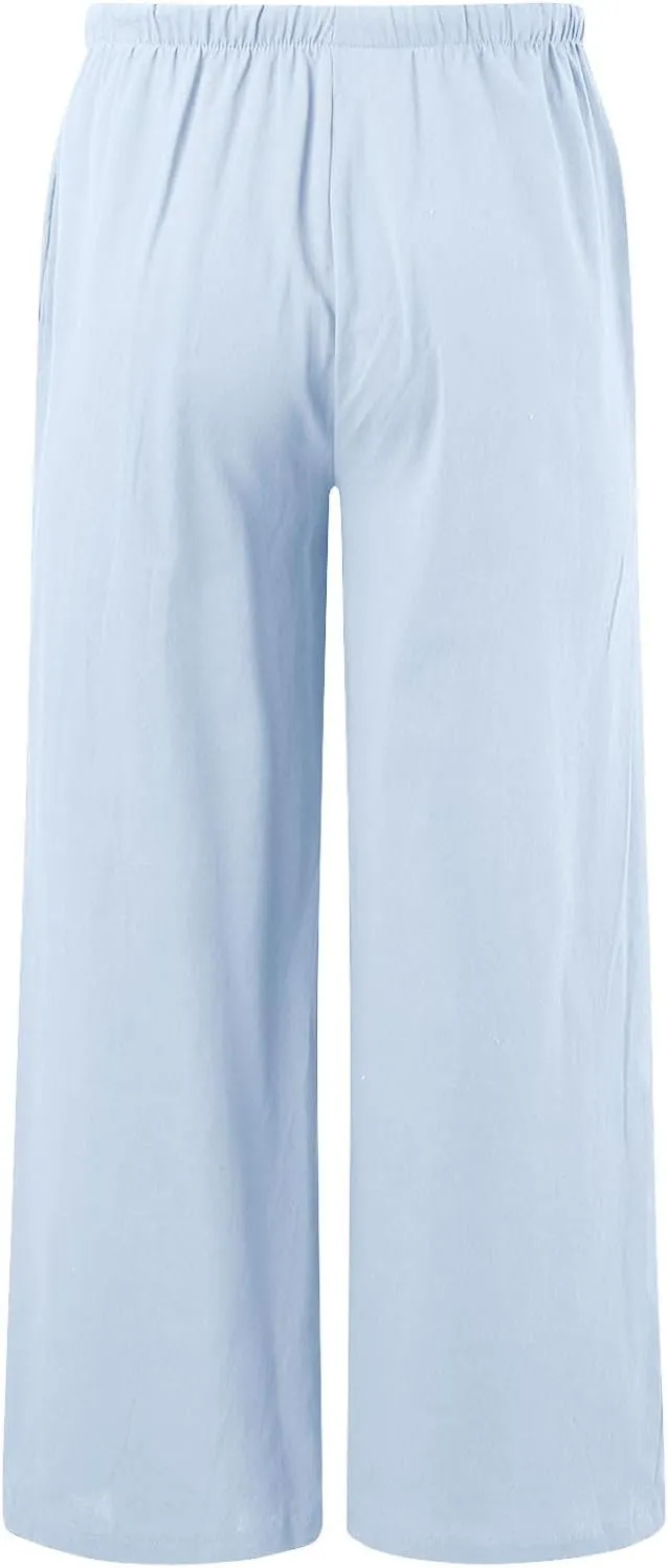 Womens Flowy Cotton Linen Pants Summer Casual Wide Leg Beach Trousers with Pockets Trendy Lightweight Palazzo Pants