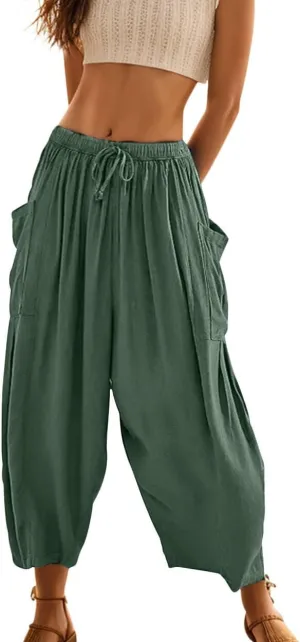 Women's Flowy Linen Pants Casual Wide Leg with Drawstring Pockets Summer Trousers Hippie Pants