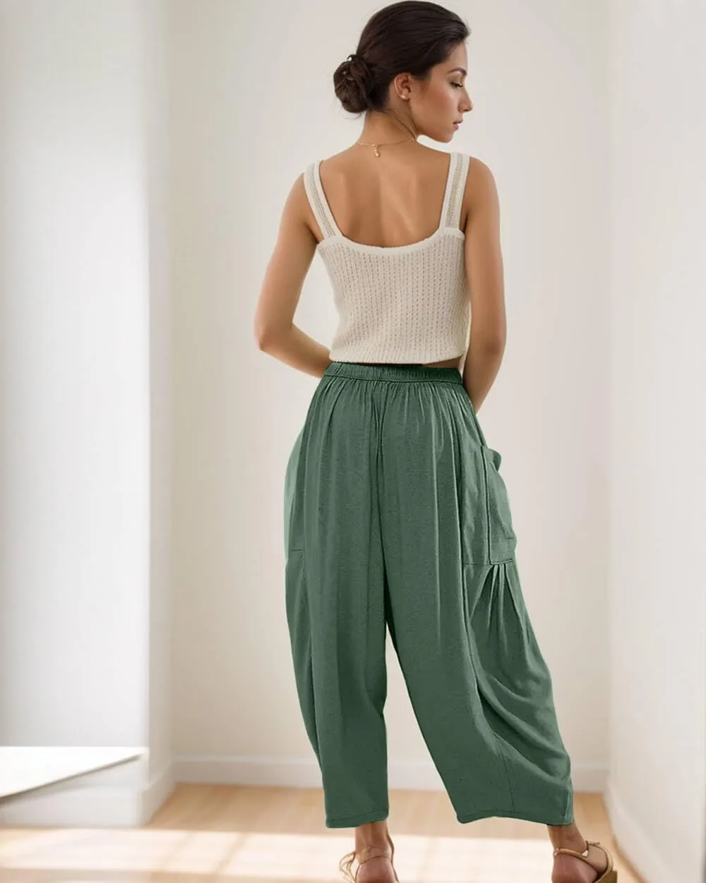 Women's Flowy Linen Pants Casual Wide Leg with Drawstring Pockets Summer Trousers Hippie Pants