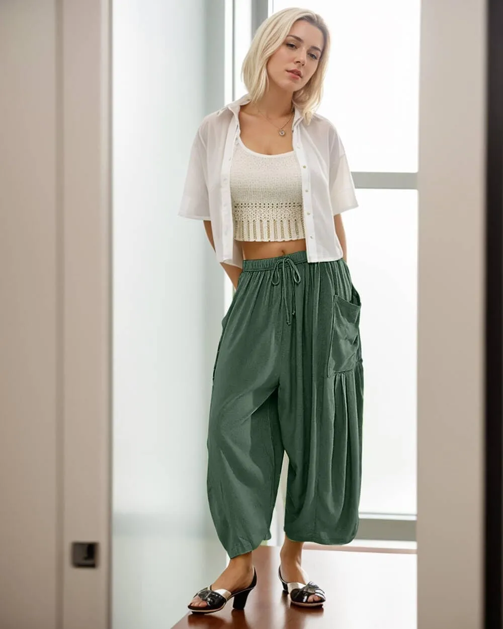 Women's Flowy Linen Pants Casual Wide Leg with Drawstring Pockets Summer Trousers Hippie Pants