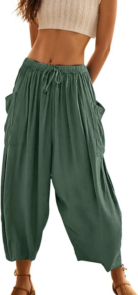 Women's Flowy Linen Pants Casual Wide Leg with Drawstring Pockets Summer Trousers Hippie Pants